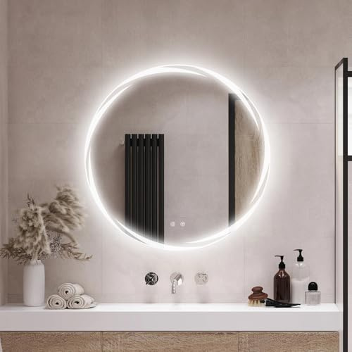 BELIWIN Round Bathroom Mirror with LED Lights, 60cm Illuminated Backlit Bathroom LED Mirror with Touch Switch, Anti-Fog Wall Mounted Vanity Mirrors 3 Colors Dimmable, Memory Function