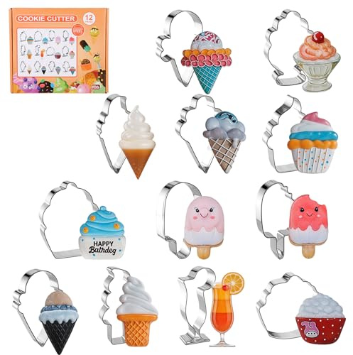 Summer Cookie Cutters Set of 12, Ice Cream Sundae Cone Cookie Cutter Popsicle Cookie Cutter Stainless Steel Metal Molds Cutters for Baking Ice Cream Cupcake