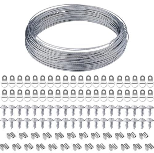 Ganchos para Colgar Cuadros,Alambre para Colgar Cuadros,Marco de Fotos Ganchos,30m Cable de Imagen de Alambre Colgante con Ganchos de Anillo en D,Tubo de Crimpado,Tornillo,para Marcos de Fotos,Espejos