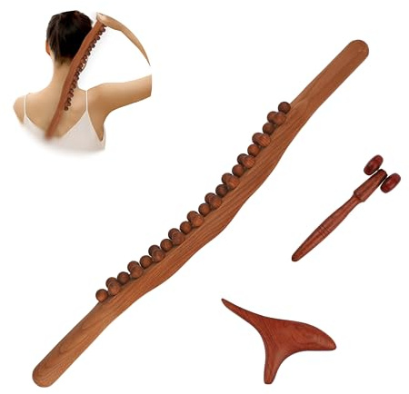 PAPAcroscoma Lot de 3 bâtons de massage Gua Sha en bois avec 31 perles de massage en bois - Bâton de massage pour tout le corps - Pour détendre les muscles du cou, du dos, du ventre, des jambes, des