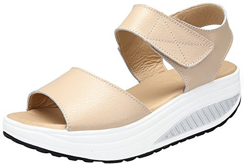 Mesing Sandalias Plataforma Mujer Verano Sandalias Cuña Comodas Cuero Peep Toe Zapatos Tacon para Caminar Beige EU39