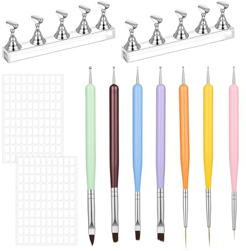 MBAIYO Lot de 10 supports magnétiques pour ongles, 7 pinceaux pour nail art, en acrylique, avec pinceau à gel et stylo à pointiller, outil de manucure pour le bricolage et le salon
