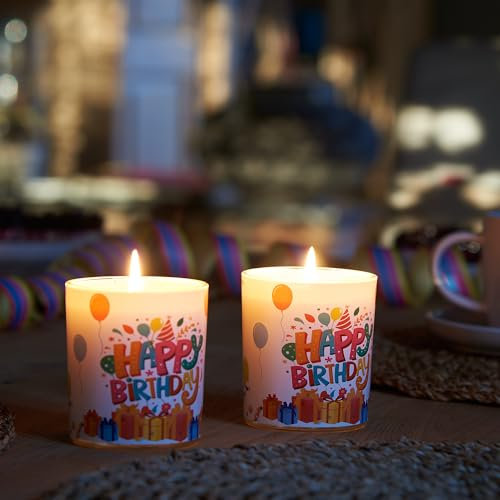 Smart-Planet 2er Set lustige Geburtstagskerzen im Glas - Happy Birthday Kerze 8cm x 7cm - 30 Std Brenndauer Windlicht ohne Duft - Glaskerze