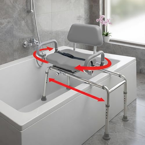 Banco de Transferencia Deslizante de carrusel con Asiento Giratorio. Silla de baño y Ducha Acolchada Brazos pivotantes. Diseño de Ahorro de Espacio para bañeras y duchas.