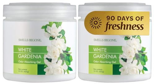 SMELLS BEGONE Air Freshener Odor Absorber Gel - 15 oz, Pack of 2 - Absorbs and Eliminates Odor in Pet Areas, Bathrooms, Cars, & Boats - Made with Essential Oils - White Gardenia Scent