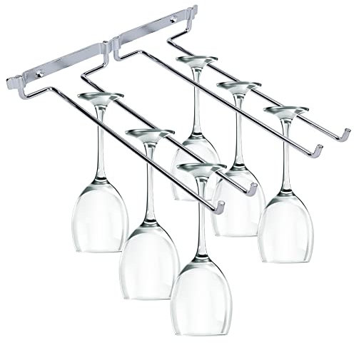 Bicchiere da Vino in Ferro Cromato a Doppia Fila - Porta Calici Sotto l'Armadio, Montaggio a Parete, Ripiano Portaoggetti per Casa e Bar (Argento)