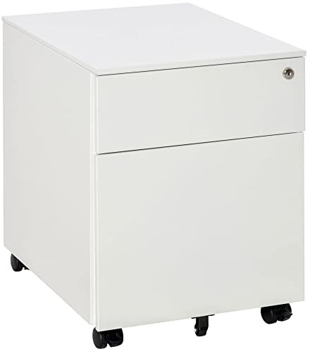 Vinsetto 2-Drawer Vertical File Cabinet, Lockable Steel Filing Cabinet with Pencil Tray and Hanging Bar for A4, Letter, Legal-sized Files, Fully Assembled Except Casters, White