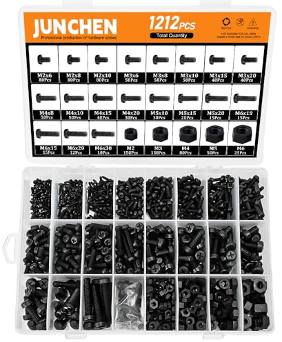 1212pcs Black Nylon Plastic Pan Round Head Phillips Screws Bolts and Nuts,M2M3M4M5M6 Metric Threaded Screws Bolt and Nut Assortment Set for Micro Controller Board Building,Insulate or Fasten PCB Board
