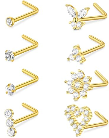 FECTAS 18g Oro Naso Stud Ring in Acciaio Inox Naso Borchie Diamante CZ Cuore L Forma Anelli del Naso per Le Donne Nostril Piercing Gioielli