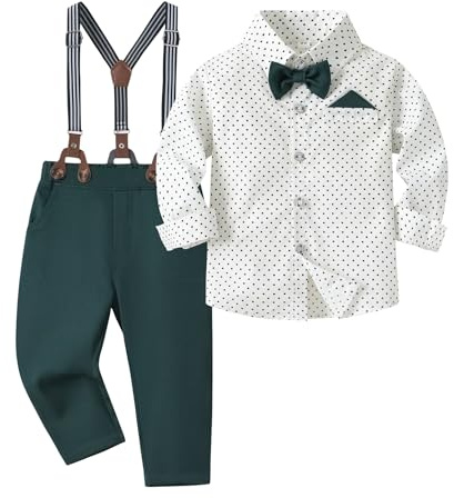 Volunboy nyfödd bebis kostym och koordinater gentleman, skjorta rosett och hängslen byxor 4 stycken, Grön vit, 3-4 anni