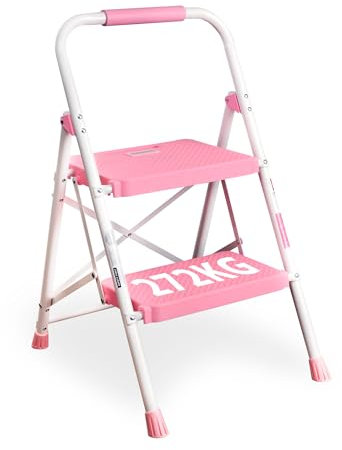 BONTEC Trittleiter 2 Stufen Klappbar, 150kg Kapazität mit Breiten Anti-Rutsch-Pedalen, Faltbarer Stahl-Tritthocker, Schwamm-Lenker, Zuhause, Speisekammer, Innen- und Außenbereich, Rosa