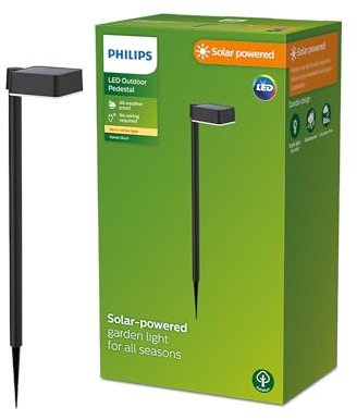 Philips Outdoor Solar Vynce Sockelleuchte Spiess 1,5W, Tageslichtsensor, eckig, 2700 Kelvin, IP44 wetterfest, schwarz