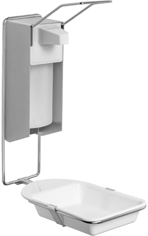 2x ARNOMED desinfektionsdispenser med droppbricka, tvåldispenser i aluminium för 500 ml, tvåldispenser för väggmontering med lång arm, Euro-dispenser för desinfektionsmedel, tvåldispenser, dispenser