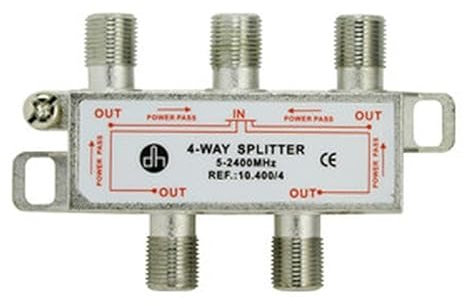 Distribuidor de señal satelital y terrestre 4 vías, ideal para múltiples conexiones y amplificación de señal en instalaciones domésticas.