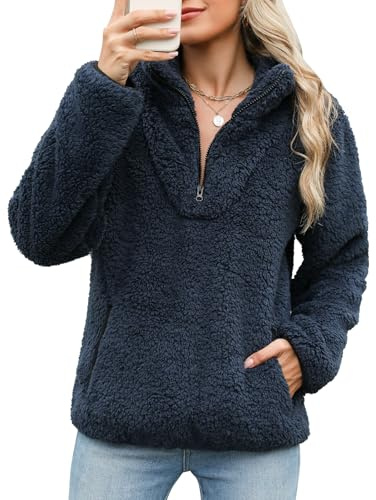 Tuopuda Donna Felpe Senza Cappuccio Pullover Pile Tops Termico Manica Lunga Felpe con Zip Tasche Maglione Caldo Autunno Invernali Sweatshirt Eleganti Hoodie Fleece Jumper Maglietta, Marina, L