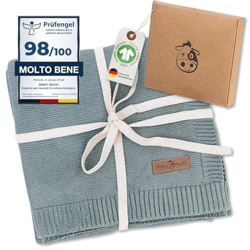 Minky Mooh Coperta per bambini in cotone biologico, Oeko-Tex 100, coperta in maglia, coperta per gattonare e per ragazzi, regalo per nascita e primo equipaggiamento, 94 x 72 cm, blu