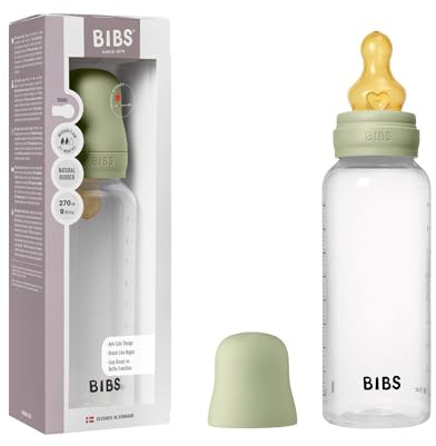 BIBS Baby Bottle 270 ml Natural Rubber Latex Nipple - Anti-Colic, BPA-Free, Round Nipple, Medium Flow, Lightweight & Easy to Clean, Suitable for Newborns 0+ Years - Sage