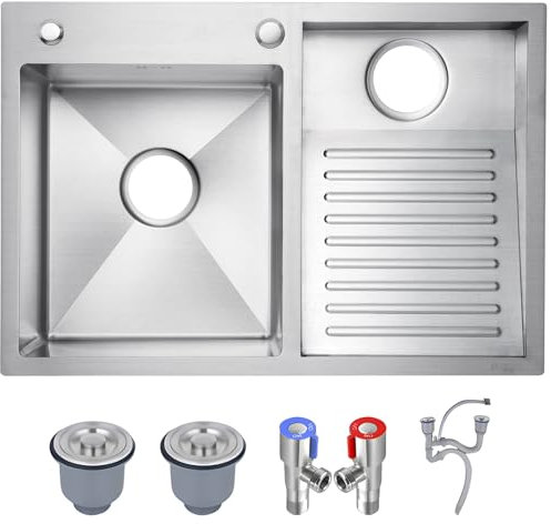 HZKSINNK Évier Utilitaire En Acier Inoxydable SUS 304 - Double Cuve Avec Planche À Laver Intégrée Évier À Linge, Facile À Nettoyer, Pour Buanderie, Salle De Bain, Cuisine Et Garage(Silver-R,70x48cm)