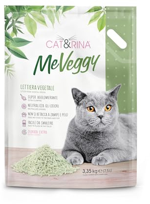 Cat&Rina MeVeggy - Arena Vegetal para Gatos de 7,5 l de Larga duración. Arena Natural y aglutinante, desechable en orgánico o en el Inodoro. Neutraliza los olores y no se Pega a Las Patas y el Pelo.