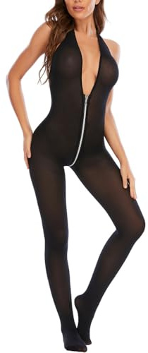 PARUPRUP Donna Sexy Collo Halter Bodystocking Cerniera Frontale Bodysuit Scollo V Profondo Tuta Senza Schienale Jumpsuit Trasparente Un Pezzo Calze Maglia Teddy Lingerie Elasticizzato Aderente Catsuit