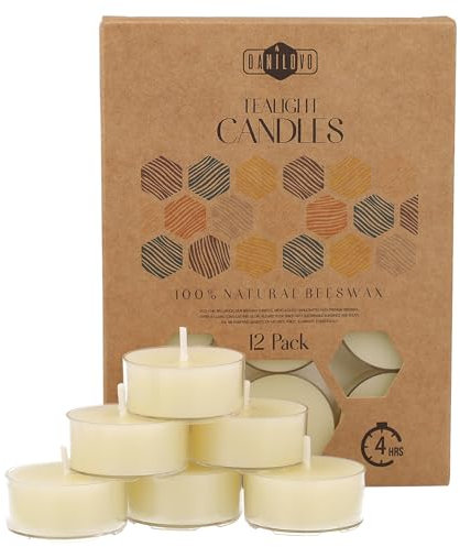 100% Bienenwachskerzen – Bienenwachs Teelichter mit Baumwolldochten – 4 Stunden Brennzeit –12-teiliges Kerzenset – Bienenwachs-Kerzen mit Recyceltem Kunststoff – Reine Bienen Wachs Kerzen von Danilovo