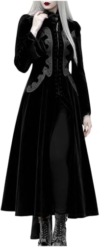 Duohropke Renaissance Gothic Dress Women's Trench Coat Velvet Dress Long Winter Floor Length Wool Coat Long Sleeve Stand-Up Collar Cocktail Dress Overwear Parka Elegant Evening Dress Halloween Outfit