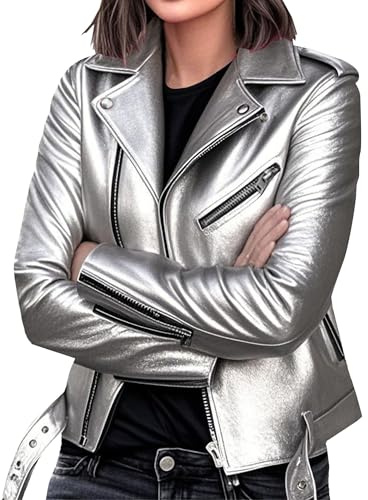 Manteau de moto en similicuir pour femme, blouson aviateur, style motard, automne 2025, gris argenté, taille XXL