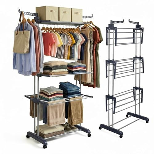 Straame Étendoir à linge ailé à 4 niveaux – Étendoir à linge pliable avec roues pour intérieur/extérieur, séchoir à linge très résistant, 76 x 50 x 178 cm (gris)