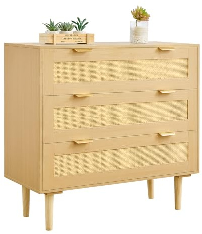 VEVOR 3 Drawer Rattan Dresser, Small Boho Dresser for Bedroom, 31.5 Wide Chest of Drawers with Metal Handles & Wooden Legs, Wood Clothing Storage Closet for Living Room, Hallway, Natural Oak