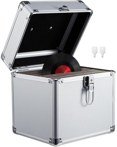 Youyijia Record Storage Box 12 Vinyl LP Storage Box Case Aluminum Portable Lockable DJ Flight Carry Case Holds 50pcs Albums (50pcs Silver 7)