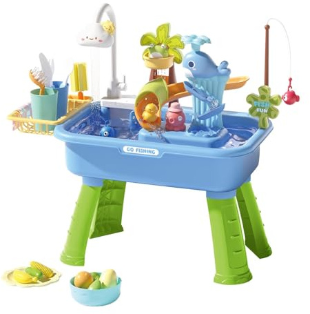 Folpus 43 Pezzi di Giocattoli da Cucina, Set di Giochi di Ruolo, lavastoviglie, Accessori per Cucinare, Pesca, Set interattivo per Giocare a Fare Finta, Blu