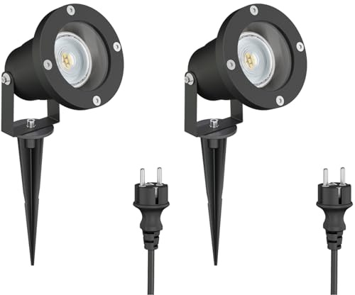 ledscom.de 2 st LED-trädgårdsstrålkastare DUK, svarta, med jordspett för utomhusbruk, aluminium, inkl. LED-lampa GU10 (varmvitt, 5,4 W, 510 lm, 45°)
