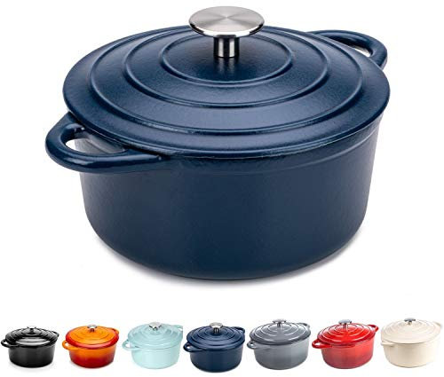 Dawsons Living Cast Iron Casserole Dishes - Cast Iron Ceramic Induction and Gas Safe Dutch Oven Roasting Cooker - with Lid (Matt Blue, 5.2L Casserole)