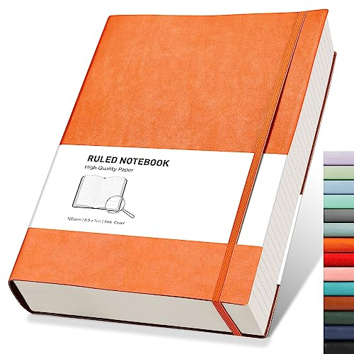 RETTACY A4 Lined Notebook, Leather Softcover Journal, 320 Pages, Orange | Notepad for Men Women, 100 GSM Thick Ruled Paper, for School Office Writing - 21.5 × 27.9 cm