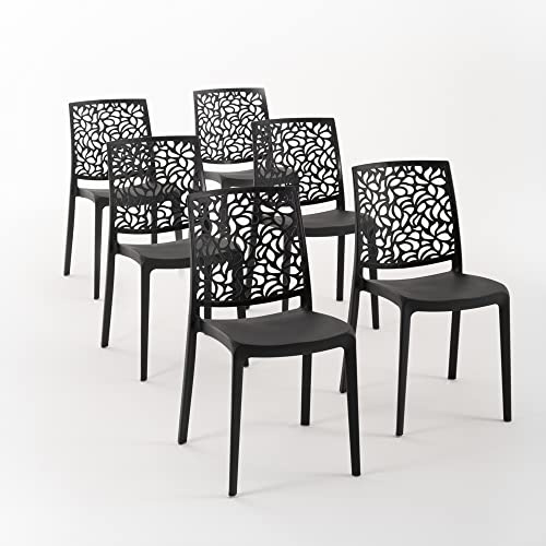 Sillas de resina moderna apilables de polipropileno con fibra de vidrio, para interior, cocina o comedor, exterior y jardín, sillas de restaurante y contract - Anna (6 Sillas, Antracita)