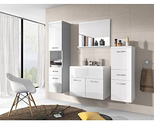 MINIO go for it - 4-Teilig Badmöbel Set Alo, 1x Badezimmer Spiegel mit Ablage, 1x Waschtisch Mit Unterschrank, 2X Badezimmerschrank - Laminierte Spannplatte, Weiß Matt und Weiß Hochglanz
