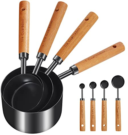 Cuteefun Set di 8 Misurino e Cucchiaio Dosatore, Manico in Legno con Misure Metriche e Statunitensi, Acciaio Inox Premium, Misurini per Liquidi e Prodotti Secchi per Cucina, Forno, Bevande