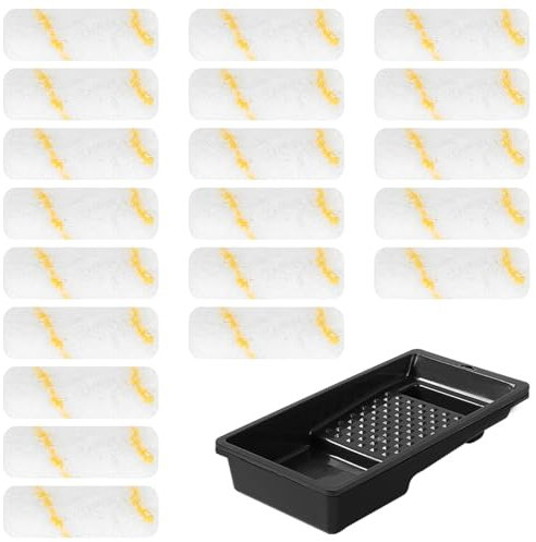 Littlegaofeithing 20Pcs Paint Roller Sleeve 10cm,Paint Sleeve,Recambio para rodillo de pintura, rodillo de pintura, amarillo-blanco con bandeja de pintura.