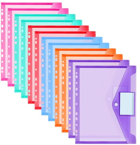 OFFCUP Lot de 12 pochettes perforées en plastique extensibles à 11 trous, pochettes A4 avec bouton de poche pour étiquette, pour école, maison, bureau (fin)