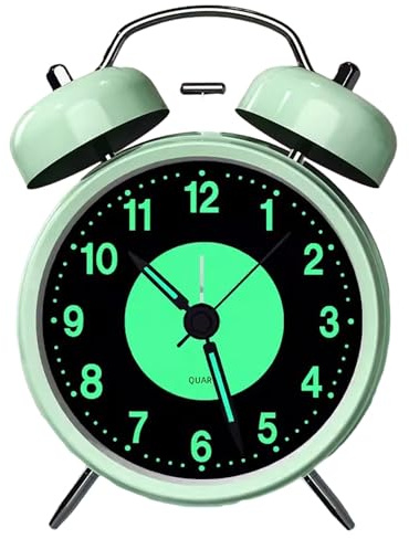 szdealhola Retro Twin Bell Alarm Clock Quartz Non Ticking Silent Luminous Dial Nightlight Analog Desk Clock (Green)