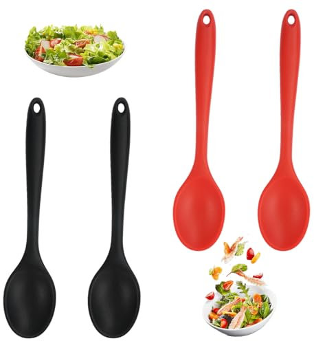 4 Piccoli Cucchiaio in Silicone Cucina Senza BPA,Multifunctional Kitchen Cooking Spoon Resistente al calore,20,5cm Cucchiai Antiaderenti Mestoli Cucina Silicone,per Cucinare, Cuocere (Rosso,Nero)