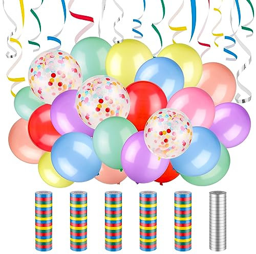 6 Rollen Luftschlangen Geburtstag, Regenbogen und Silber Metallic Papierschlangen mit 40 Stück Luftballons Bunt Konfetti Luftballons Latexballons für Mädchen Jungen Geburtstag Hochzeit Party Karneval