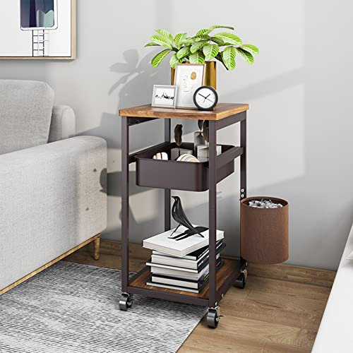 Carrello multiuso in metallo a 3 livelli con ruote e cassetto in legno per cucina e bidone della spazzatura, per casa e ufficio, colore caffè