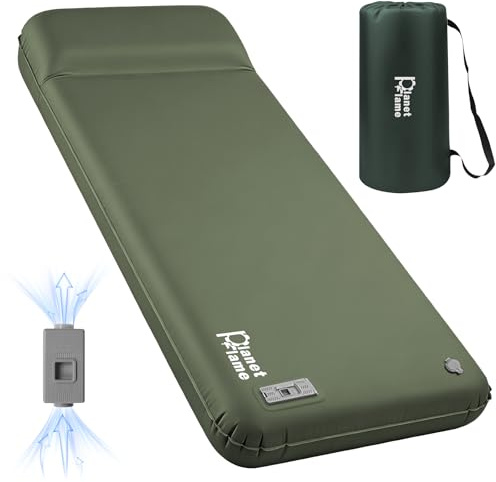 PlanetFlame Colchoneta de espuma autoinflable con bomba eléctrica, colchón de camping de 3.15 pulgadas de grosor, inflado/desinflado rápido, almohada incorporada, rollo de almohada para interiores