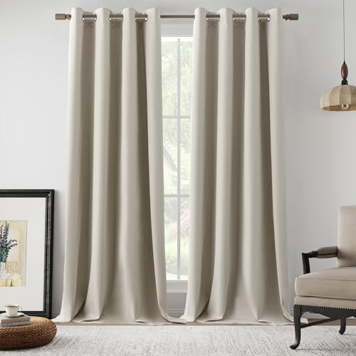 LCOOMZEN Full Blackout Natural Linen Curtains 102 Inches Long 2 Panels Set, 100% Shade Complete Light Blocking Thermal Insulated Curtain Panels for Bedroom Dining Room, Natural, W52 x L102, 2 Panels