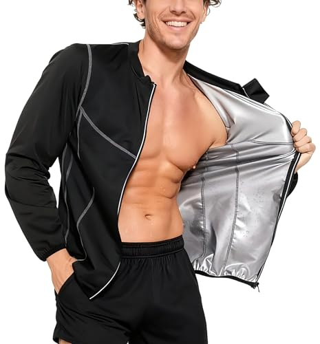 GENEMEN Mens Sauna Suit Fitness Long Sleeve Gym Top Trainer Sweatsuits Slimming Sports Jacket with Zipper (Inner Sliver, XL)