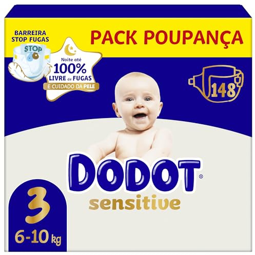 Dodot Sensitive Talla 3 (6-10 kg) Mega Pack 148 Pañales | Protección Suave para la Piel del Bebé | Máxima Absorción y Cuidado Diario