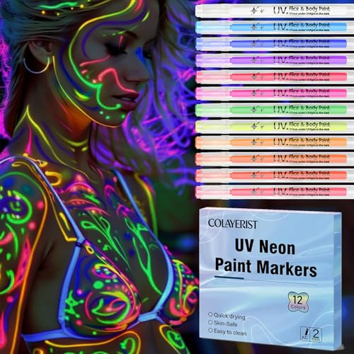 COLAYERIST 12PCS Glow in the Dark Face Paint Pens, Neon Face Paint Glow in the Dark - Skin Safe, UV Face and Body Paint Festival Partkery Supplies