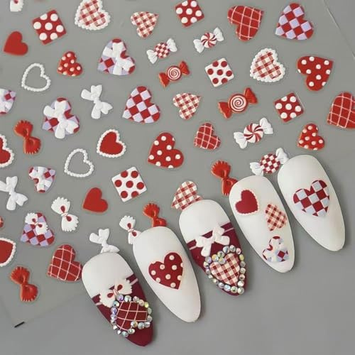 Muorruo Stickers pour ongles avec motif cœur, stickers rouges et blancs pour nail art, stickers auto-adhésifs avec design de nœuds, ongles embossés 5D, accessoires pour manucure et décorations