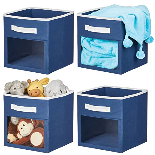 mDesign Fabric Nursery/Playroom Closet Storage Organizer Bin Box with Front Handle/Window for Cube Furniture Shelving Units, Hold Toys, Clothes, Diapers, Bibs, Jane Collection, 4 Pack, Navy Blue/White